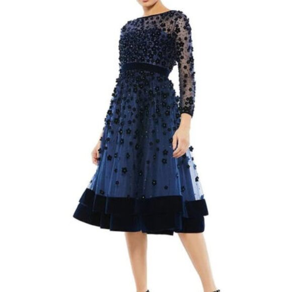 Mac Duggal Midnight Blue Fit & Flare Velvet Embellished Cocktail Dress - Picture 1 of 3
